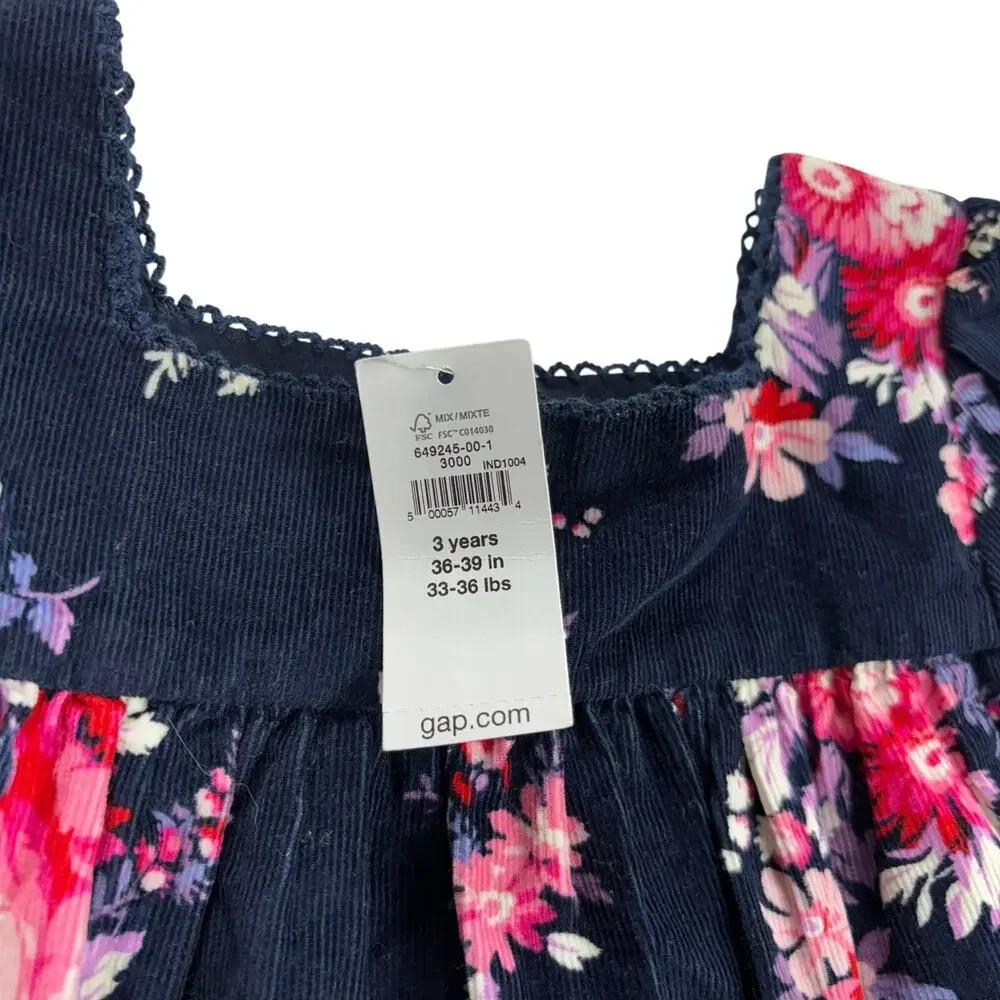 Baby GAP Toddler Girl Corduroy Floral Dress Navy Blue Pink 3T NWT Long Sleeve